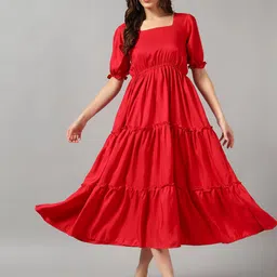 Raiyani Enterprise Women Square Neck Puff Sleeves Crepe Fit & Flare Midi Dress-image-55