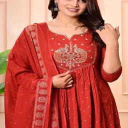 AREEH Women Ethnic Motifs Embroidered Empire Thread Work Pure Cotton Kurta with Trousers & With Dupatta image 3