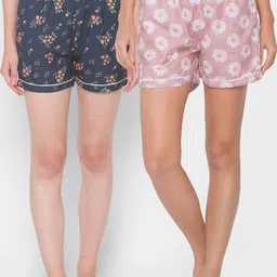FashionRack Women Pink & Navy Blue Pack Of 2 Printed Lounge Shorts image 1