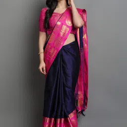 KALINI Navy Blue & Fuchsia Woven Design Zari Silk Cotton Saree-picture-23