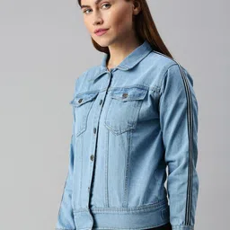 VOXATI Women Blue Washed Denim Jacket-image-24