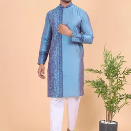 W & G Floral Printed Mandarin Collar Pure Cotton Kurta with Trousers-image-4