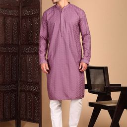 House of Pataudi Floral Embroidered Chikankari Mandarin Collar Kurta & Trousers-picture-1