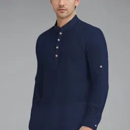 KNOWTED Mandarin Collar Roll-Up Sleeves Cotton Straight Short Kurta image 2