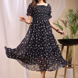Attire Empire Floral Printed Puff Sleeve Smocked Tiered Fit & Flare Maxi Dress-image-24