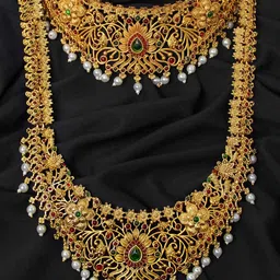 NAGNESHI ART Gold-Plated Artificial Stone-Studded & Beaded Temple Jewellery Set image 4