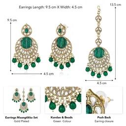 Peora Gold-Plated Kundan Studded & Beaded Chandbali Earrings & Maangtikka Jewellery Set image 2