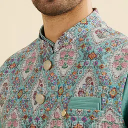 Manyavar Mandarin Collar Art Silk Straight Kurta With Pyjamas & Jacket image 5