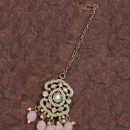 SGA FASHION Gold-Plated Kundan Studded & Beaded Necklace & Earrings With Maang Tika image 3