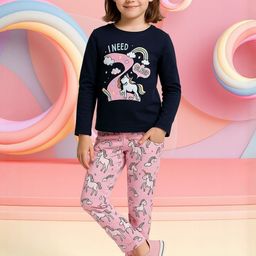 YK Girls Navy Blue & Pink Unicorn Printed Round Neck Cotton T-Shirt & Pyjama Night Suit-picture-0