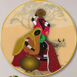 Livin'luxe Beige & Maroon MDF Round Rajasthani Village Women Paintings Wall Art 16"-picture-22