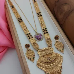 HARSHITA FASHIONS Gold-Plated Artificial Stones Studded & Beaded Mangalsutra With Earrings-picture-26