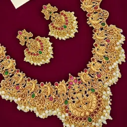 FEMMIBELLA Gold-Plated Stone-Studded & Beaded Jewellery Set-image-4