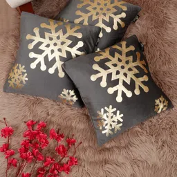 Myntra Elegant Homes Grey & Gold-Toned 3 Pieces Ethnic Motifs Velvet Square Cushion Covers-picture-23