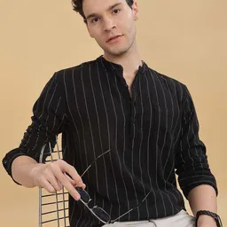 HERE&NOW Men Mandarin Collar Vertical Striped Cotton Slim Fit Casual Shirt-picture-39