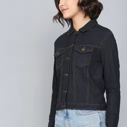 Kotty Women Navy Blue Washed Cotton Denim Jacket image 4
