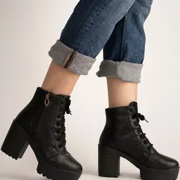 Kliev Paris Women Textured Round Toe Lace-Up Block-Heel Boots-image-57