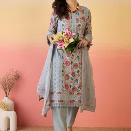 Sangria Floral Printed Pure Cotton Kurta & Trousers With Dupatta image 3