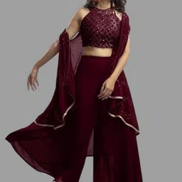 PARROT CREATION Sweta Embroidered Halter Neck Georgette Crop Top With Palazzos & Shrug image 5