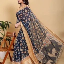 Suraj pari singh Floral Woven Design Zari Pure Linen Saree With Blouse Piece image 2