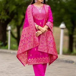 KALINI Floral Woven Design Sweetheart Neck Straight Kurta With Trouser And Dupatta-image-27