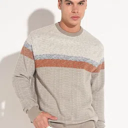 SHOWOFF Men Grey Striped Round Neck Pullover Sweater image 2