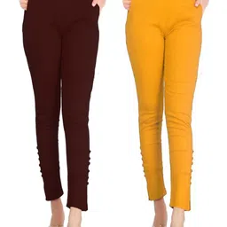 SAJATA Women Yellow Cotton Casual Cigarette Trousers-image-68