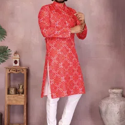 RAJMUDRAFASHION Men Printed Regular Band Collar Pure Cotton Kurta with Churidar-picture-11
