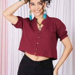 Boholyfe Mandarin Collar Puff Sleeve Bohemian Organic Cotton Crop Top-picture-31