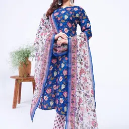 C J Enterprise Women Floral Printed Regular Kurta with Trousers & With Dupatta image 5