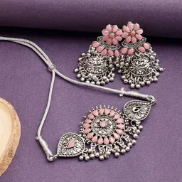 SUNHARI Silver-Plated Stone Studded & Beaded Oxidised Jewellery Set-picture-12