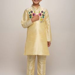 DEVOILER Boys Conversational Printed Mandarin Collar Dupion Silk Straight Kurta-picture-6