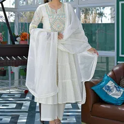VASTRAHUT Ethnic Motifs Embroidered Mirror Work Pure Cotton Kurta With Trousers & Dupatta image 3
