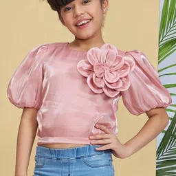 Peppermint Girls Solid Puff Sleeve Applique Crop Top-picture-23