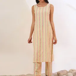 AURELIA Striped Woven Design Round Neck Straight Kurta With Palazzos-image-31