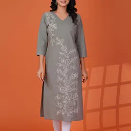Kaftanize Grayish Olive Base Color With Delicate White Floral Embroidery Ethnic kurta-picture-30