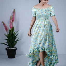 Eilaa Women Floral Prined Puff Sleeve Crepe Fit-Flare Midi Dress-image-17