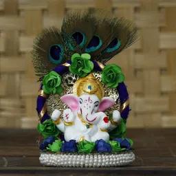 ecraftindia Lord Ganesha Idol on Handcrafted Floral Plate with Peocock Feather Decorative Showpiece - 13 cm image 2