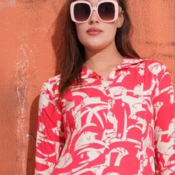 GOLDSTROMS Women Red Printed Kurti Style Top & Trousers Co-Ords image 3