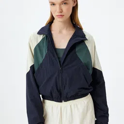 Koton Women Colourblocked Crop Bomber Jacket-image-34