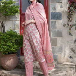 HERE&NOW Women Geometric Printed Cotton Kurta with Trousers & Dupatta image 4
