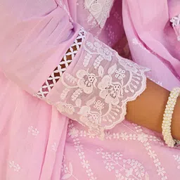 Indo Era Floral Embroidered V-Neck Thread Work Pure Cotton Kurta With Trousers & Dupatta image 2