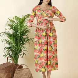 Pakiza Enterprises Women Floral Printed Gathered Maternity Fit and Flare Midi Dress-picture-37