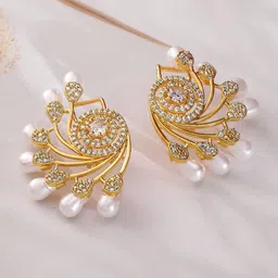 Rubans 22K Gold-Plated Cubic Zirconia Studded Earrings with Pearl Drop image 1