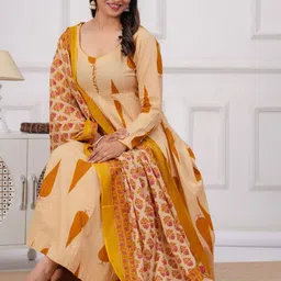 KALINI Women Paisley Yoke Design Regular Pure Cotton Kurta with Trousers & With Dupatta image 2