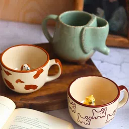 WEAVING HOMES Teal Green & Beige 3 Pieces Printed Ceramic Glossy Mugs-picture-40