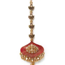 ANIKAS CREATION Gold-Plated Beige & Maroon Kundan-Studded Enamelled Bridal Look Choker Jewellery Set image 5