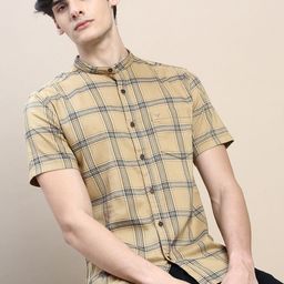 SHOWOFF Standard Slim Fit Band Collar Tartan Checks Opaque Cotton Casual Shirt-picture-36