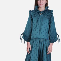 Gini and Jony Girls Teal Tie-Up Neck Printed Dress-picture-3
