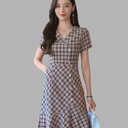 JC Collection Coffee Brown Checked Dress-picture-9